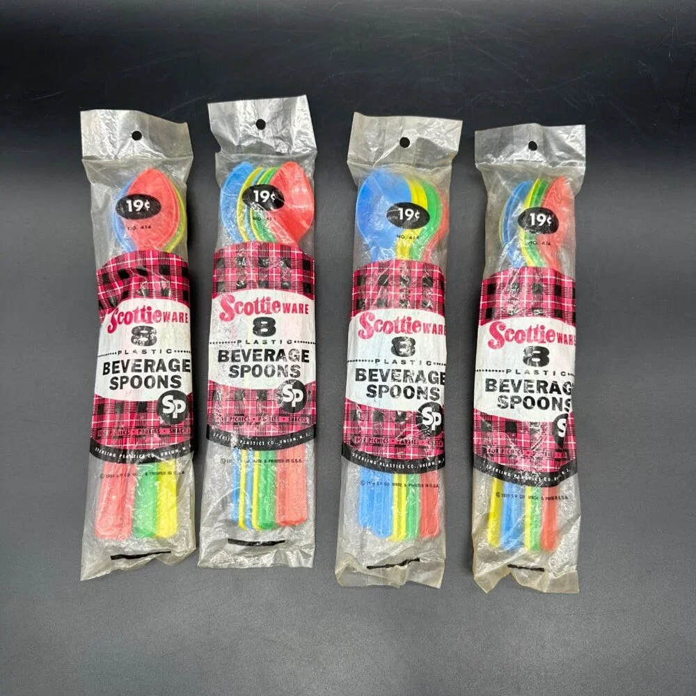 Vintage Beverage Spoons Scottie Ware 1959 Plastic Rainbow Packs Party Picnic
